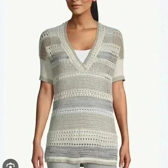 Chico’s Neutral & Gold Stripe Open-Weave V-Neck Tunic Size Small - Picture 2 of 9